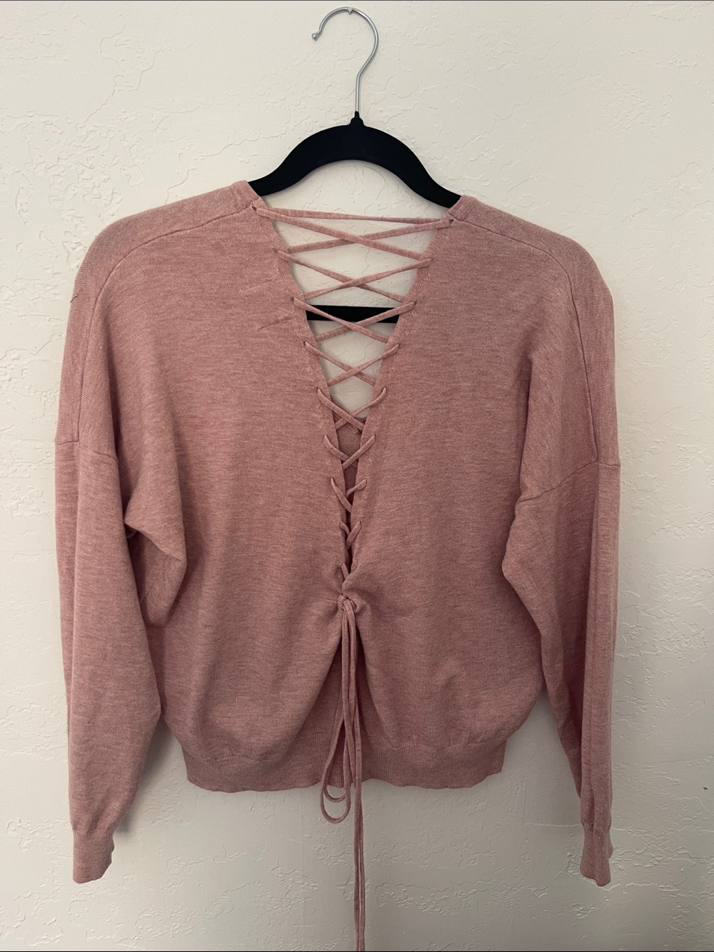 Lace-Up V-Neck Sweater in Dusty Rose